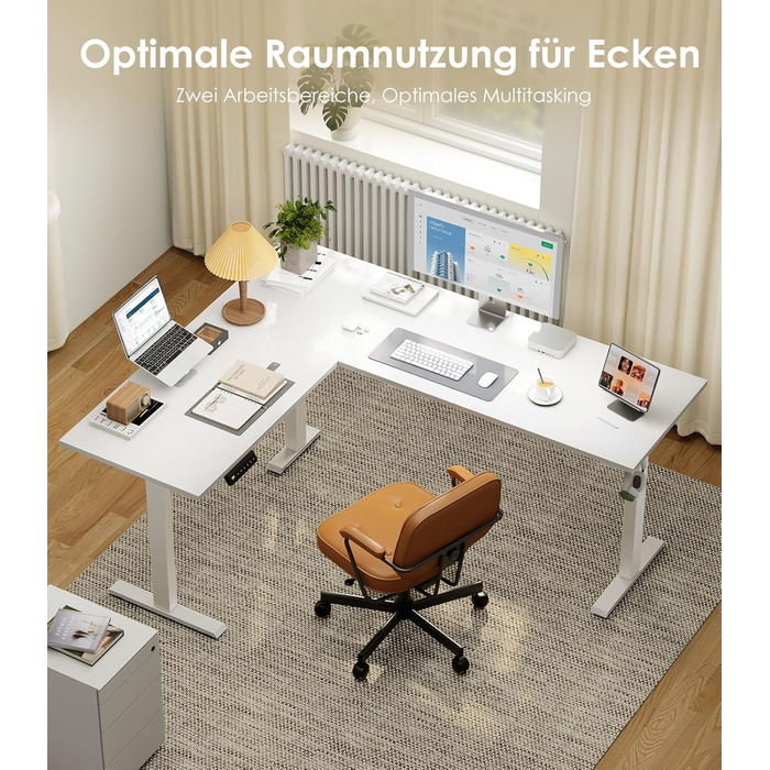 Подібний стіл OffiGo з регульованою висотою, 160 x 120 см, стіл з електричним регулюванням висоти, кутовий стіл, ергономічний стіл для роботи сидячи та стоячи, комп&39ютерний стіл, білий, 160 x 120 см