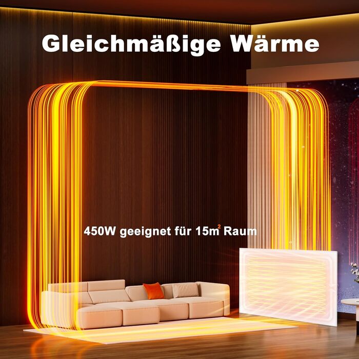 Інфрачервоний настінний обігрівач 450 Вт, настінний інфрачервоний обігрівач із захистом від перегріву та пультом дистанційного керування, 9-годинний таймер, тихий енергозберігаючий електричний обігрівач для спальні, ванної кімнати, офісу площею 10-15 м, 4