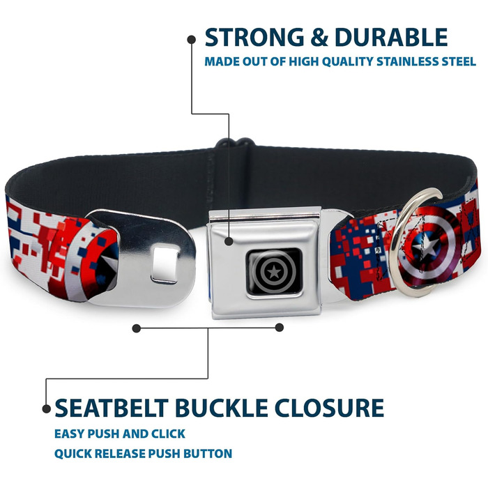 Нашийник для собак Капітан Америка, цифровий камуфляж, синьо-біло-червоний, з застібкою типу автомобільний ремінь, ширина 2,5 см, розмір S (22,9-38,1 см)