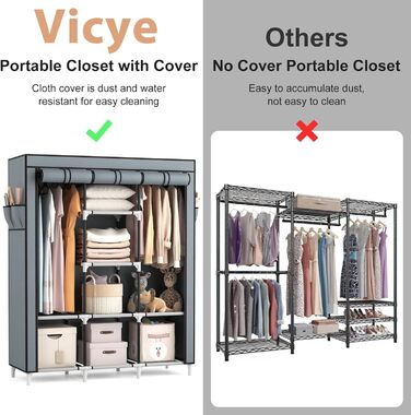 Велика тканинна шафа з 2 рейками для одягу та 8 полицями, складна шафа з кришкою, переносна шафа для гардеробної/спальні (сіра, 124 x 42 x 162 см)