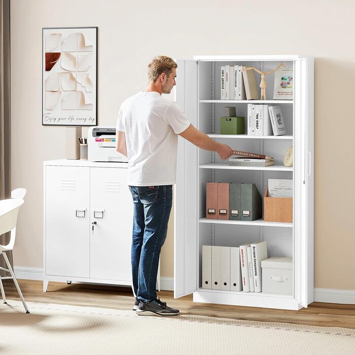 Шафа для документів, шафа для зберігання із замком, сталева шафа, сталева шафка, багатоцільова шафа, металева шафа з 2 дверима для офісу, дому, гаража, спортзалу, школи, 170x78x39 см, білий