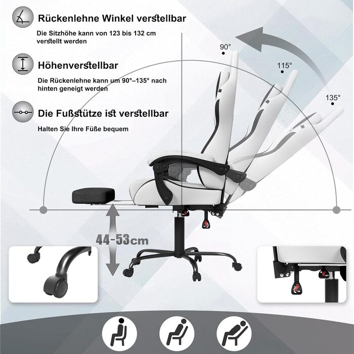 Геймерське крісло з вібраційним масажем та підставкою для ніг, ергономічне кіберспортивне крісло з підголівником та підлокітниками, офісне крісло, регульована висота до 135 кг, біле бавовняне льонне крісло