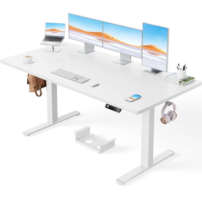 Стіл ErGear з регулюванням висоти - 160 x 80 см, вантажопідйомність 100 кг, електричний стіл з удосконаленим безщітковим двигуном, тиха робота, міцний металевий каркас, чотирисекційна стільниця 160 x 80 см, білий колір