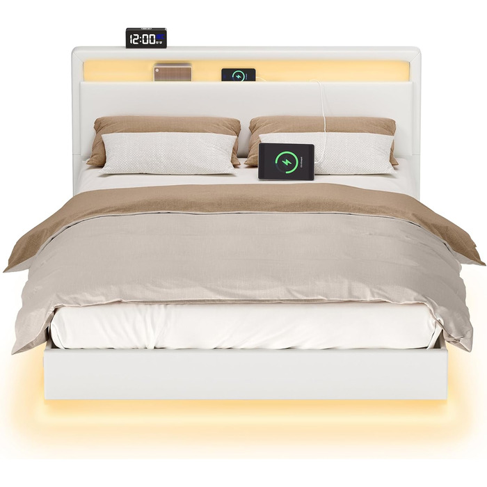 Каркас ліжка VASAGLE, каркас двоспального ліжка, 140 x 200 см, візуальний ефект плаваючого ліжка, ліжко зі світлодіодним освітленням, високе узголів&39я, зарядна станція, сучасний, хмарно-білий RMB864W01