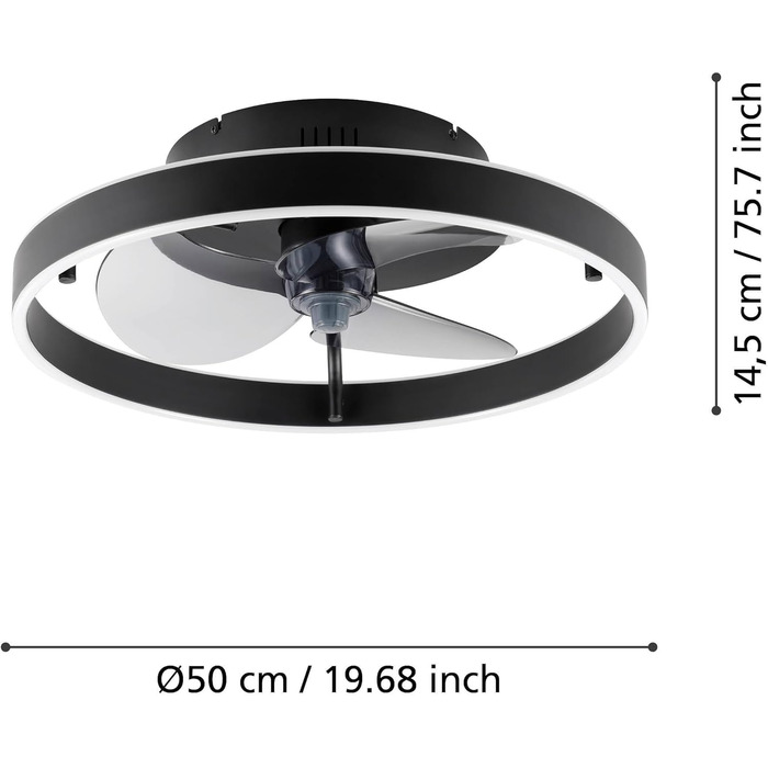 Стельовий вентилятор EGLO з підсвічуванням Marinella, стельовий вентилятор з дистанційним керуванням, таймером і 3 швидкостями, сталь і алюміній чорного кольору, пластик, теплий білий - холодний білий, Ø 50 см