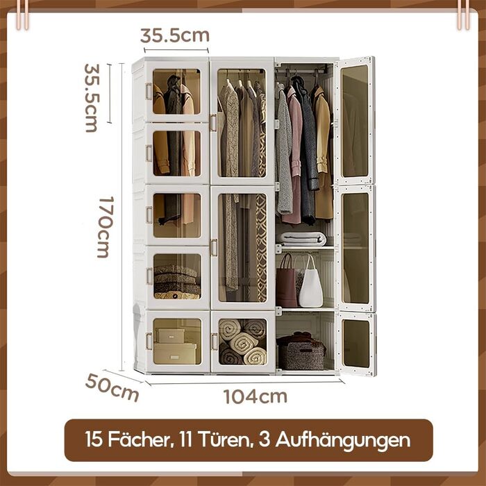 Складана шафа, 104x170x50 см, швидке складання, універсальна шафа з рейкою для одягу та магнітними дверцятами, ідеально підходить для спальні та вітальні, коричнева прозора панель дверей 104x50x170 см