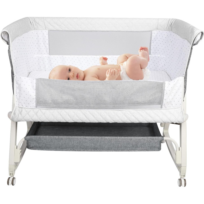 Ліжечко 3-в-1, дорожнє ліжечко для немовлят з матрацом, 6-позиційне регульоване по висоті дитяче ліжечко з верхньою платформою, портативна колиска з колесами для дітей до 36 місяців - 92 x 52 x 106-118 см - Білосніжний сірий