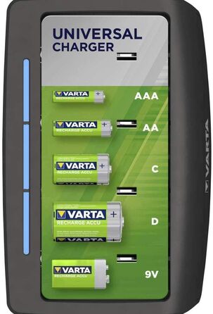Зарядний пристрій VARTA для акумуляторів, заряджає 2 або 4 батарейки типу AA, AAA, C, D або 1 x 9V одночасно, універсальний зарядний пристрій, розряджений (старий універсальний зарядний пристрій)