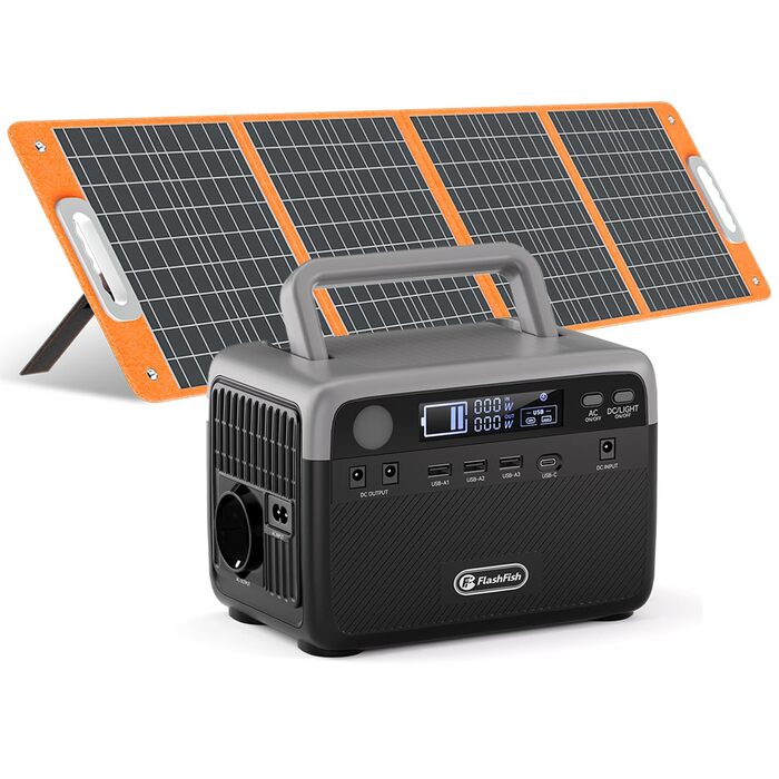 Портативна електростанція FlashFish 230,4 Втгод із сонячною панеллю 100 Вт, літій-фільтр-полімерним акумулятором 300 Вт (пікова потужність 600 Вт) з 2 портами постійного струму, 4 портами USB, світлодіодними ліхтарями, мобільний блок живлення для кемпінгу