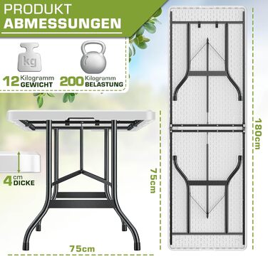 Складаний садовий стіл 180x75 см Пластик Буфетний стіл з ручкою для перенесення Складаний стіл для саду, патіо та балкону Кемпінговий стіл для 8 осіб 180 x 75 см Білий
