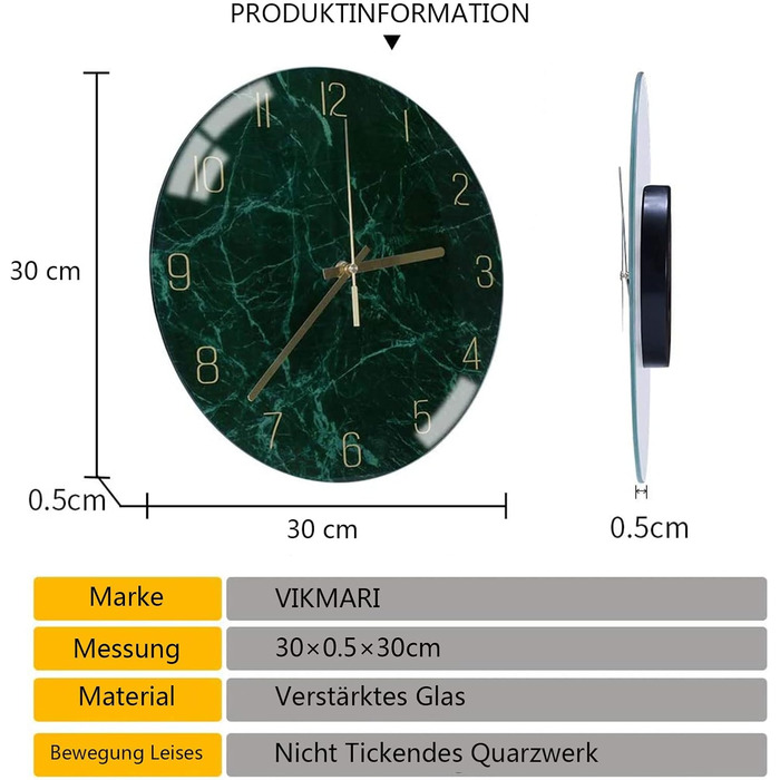 Скляний настінний годинник VIKMARI безшумний настінний годинник без цокання - якісний кварцовий годинник на батарейках круглий 12-