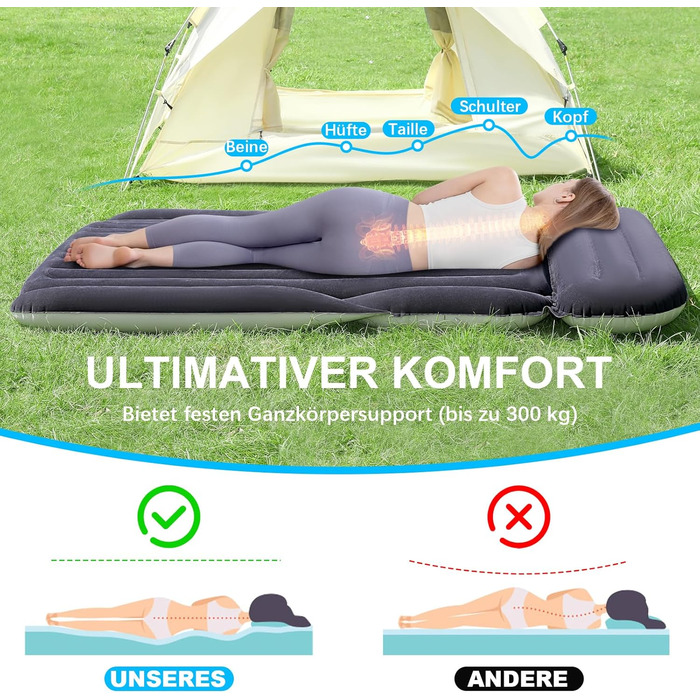 Надувний матрац KMZ SUV з 2 подушками товстіше та флоковане ліжко для автомобіля портативний дорожній матрац для кемпінгу та використання на свіжому повітрі швидке надування та здування за допомогою електричного повітряного насоса