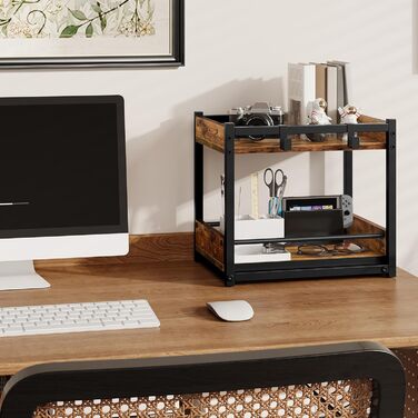 Підставка для спецій HOOBRO, 2-рівнева кухонна полиця, підставка для спецій з висувними лотками та гачками, кухонний органайзер, для кухні, вітальні, спальні, рустикальний коричневий та чорний EBF08TL01