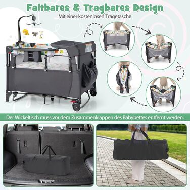 Дорожнє ліжечко DREAMADE 5-в-1 з матрацом 120 x 60 см, регульована по висоті тумбочка з пеленальний столик, музичний мобіль та іграшки, дитяче ліжечко та гойдалка для малюків від народження (сірий)