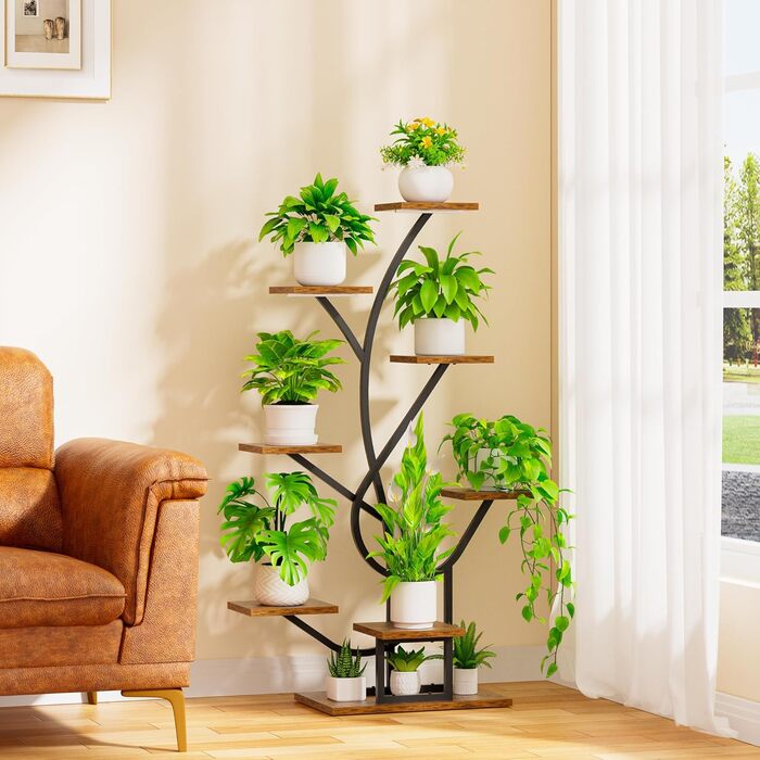 Підставка для рослин з лампою для вирощування - 8-ярусна підставка для квітів 126 см, полиця для рослин з металу та дерева - Квіткові драбини для приміщень та вулиці - Декоративна чорна квіткова підставка для балкону в приміщенні