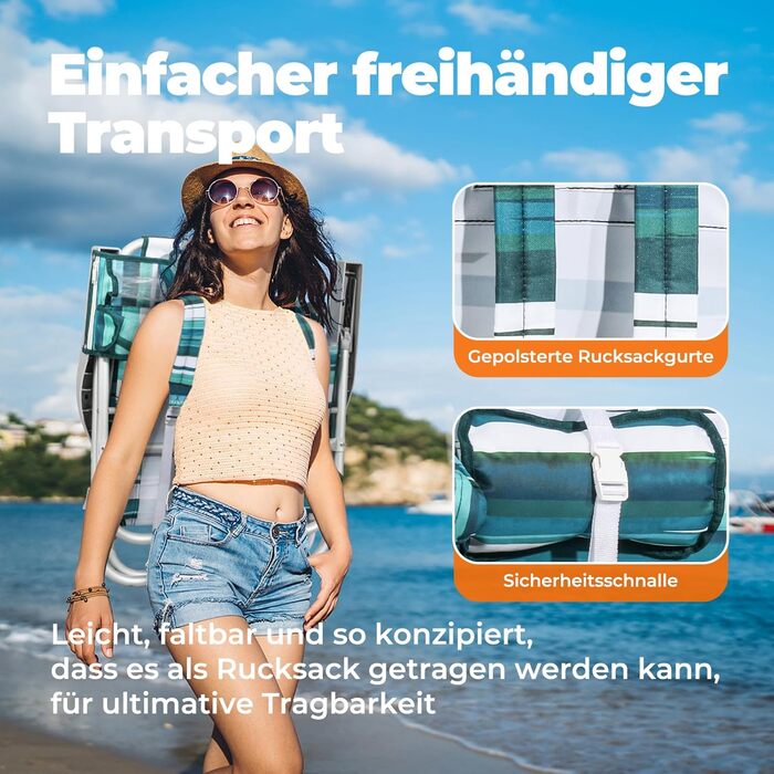 Складаний пляжний стілець Homecall, легкий, регульована спинка в 5 положеннях - Складаний пляжний стілець, до 136 кг, для пляжу, на відкритому повітрі, низька висота, класичний смугастий