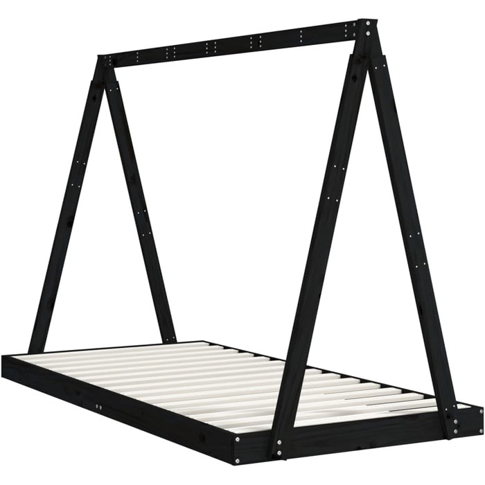 Дитяче ліжко, чорне, 90x190 см, масив сосни, дизайн вігваму, підлогове ліжко з міцними дерев&39яними рейками для вентиляції та стійкості, 199 x 94 x 134 см, чорне