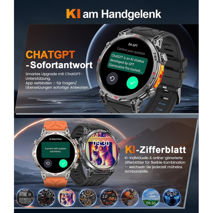 Військовий смарт-годинник для чоловіків, спортивний GPS-годинник з 1,6-дюймовим AMOLED HD-дисплеєм, функціями телефону/чату/GPT/AI/5 спортивних режимів GPS/100 спортивних режимів, фітнес-годинник для Android та iOS (чорний)