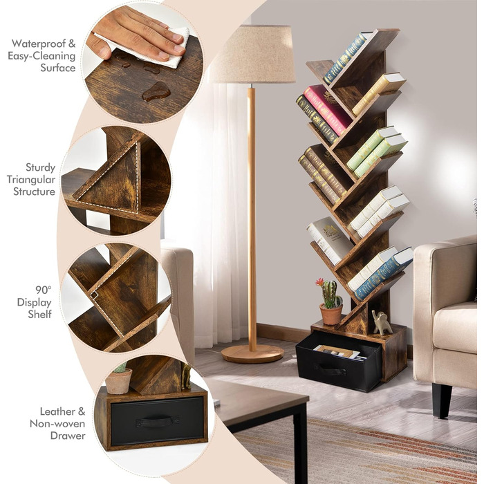 Рівнева книжкова полиця з шухлядою, книжкова полиця/полиця для CD/DVD у формі дерева, окремостояча полиця у формі дерева, перегородка для кімнати/полиця для файлів/полиця для зберігання, дерев&39яна, 38x20x149,5 см, вінтажний коричневий колір, 10-