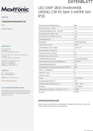 Світлодіодна стрічка Mextronic Світлодіодна стрічка 2835 тепла біла (3000K) CRI 92 36W 5 метрів 24V IP20