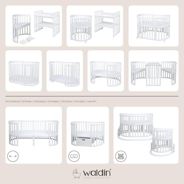 Дитяче ліжко Waldin Oval, комплект трансформованого 7-в-1, ліжечко, дитяче ліжко з матрацом, пеленальний столик, приліжкове ліжечко, дерево білого кольору, комплект тканини не входить до комплекту