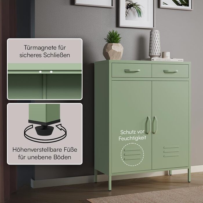 Металевий комод skølm Atria Сервант м&39ятно-зеленого кольору Металева шафа з 2 полицями та 2 шухлядами Багатоцільова шафа Промислова висока комод Шафа для зберігання/Шафа для коридору Гнучкі полиці, м&39ятно-зелений з шухлядами