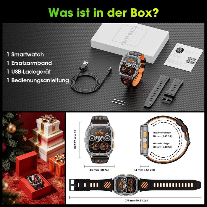 Чоловічий смарт-годинник, 2.01-дюймовий HD смарт-годинник із тривалим часом роботи батареї 1000 мАг, 114 спортивних режимів, фітнес-годинник у військовому стилі з датчиком серцевого ритму/крокоміром/монітором сну/ліхтариком, сумісний з Android iOS, помара