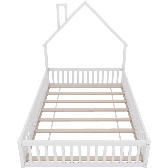 Дитяче підлогове ліжко, двоспальне ліжко 140x200 см з поручнями, рейковою основою та формою димоходу ліжко Монтессорі, ліжечко, домашнє ліжко, дерев&39яне ліжко, каркас ліжка, дитяче ліжко, соснове дерево, без матраца, біле.