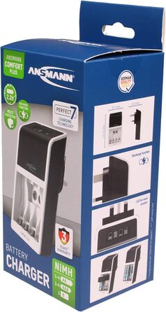 Зарядний пристрій ANSMANN Comfort Plus для акумуляторів типу AA, AAA та 9V з 3-контактним штекером для Великої Британії, швидка зарядка та швидке тестування ємності