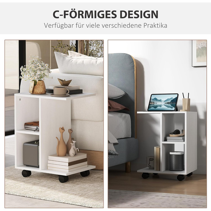 Журнальний столик HOMCOM C-подібної форми на колесах, переносний диванний столик, для невеликих приміщень, 45 x 35 x 58 см, білий