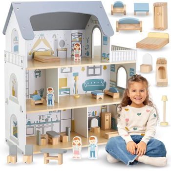 Дерев&39яний ляльковий будиночок Mamabrum, 3-поверховий, з меблями та аксесуарами - Перевірений на безпеку дитячий ігровий будиночок для рольових ігор - Ляльковий будиночок зі спальнею, вітальнею, кухнею та ванною кімнатою, сучасний мінімалістичний