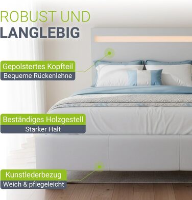 Ліжко Juskys Paris з м&39якою поверхнею 90x200 см зі світлодіодним освітленням, рейковим каркасом та узголів&39ям, ліжко з дерев&39яним каркасом та чохлом зі штучної шкіри, біле 90 x 200 см