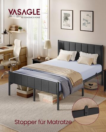 Каркас двоспального ліжка VASAGLE, каркас ліжка, 140 x 200 см, з м&39яким узголів&39ям, каркас ліжка, сталеві ламелі, витримує навантаження до 500 кг, легке складання, колір &quotсланцево-сірий&quot RMB974GN01 140 x 200 см, колір &quotсланцево-сірий&quot