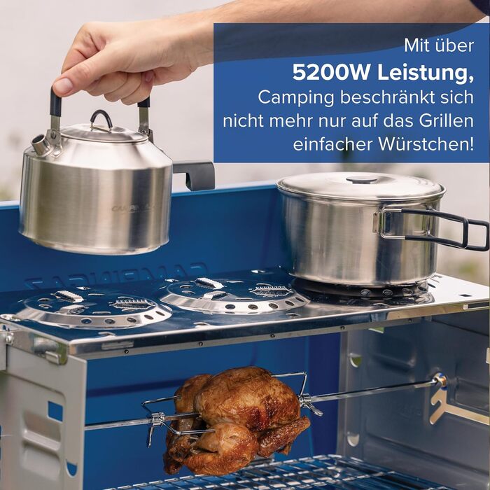 Газовий кемпінговий гриль зі знімними ніжками, портативний гриль та 3-конфорочна плита в одній валізі-гриль, включаючи вертел, 5200 Вт, 72,5 x 54 x 108 см, 200 SGR