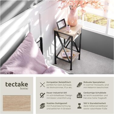 Промислові меблі tectake, Журнальний столик з шухлядою, Журнальний столик з полицями, Вузька тумбочка, Декор для спальні, 35 x 35 x 70,5 см, Меблі для вітальні - Світла промислова деревина, Дуб Сонома Дейтон