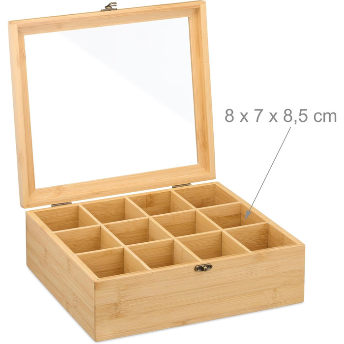 Чайна коробка Relaxdays, 12 відділень, для зберігання чайних пакетиків, бамбук, чайна скринька з оглядовим віконцем, ВxШxГ 11 x 32 x 28 см, натуральний колір