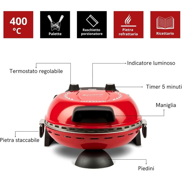 Піч для піци, 1200 Вт, 400 C, лімітована річниця, ароматна піца за 3-5 хвилин, буклет рецептів в комплекті, 3 Ferrari G1017702 Pizza Delizia Anniversary