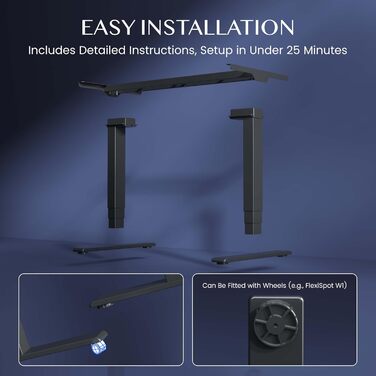 Каркас столу FLEXISPOT з регулюванням висоти, подвійний двигун та 3-рівневі ніжки, регулювання висоти 60-125 см, каркас столу зі світлодіодним дисплеєм висоти, 4 положення пам&39яті та захист від зіткнень (колір Nobel Black) EC5-Lite Black