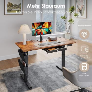 Електрично регульований по висоті стіл 120x60 см, стіл для роботи сидячи та стоячи з 3 налаштуваннями висоти та функцією пам&39яті, регульований комп&39ютерний стіл з шухлядами для домашнього офісу/кабінету, коричневий