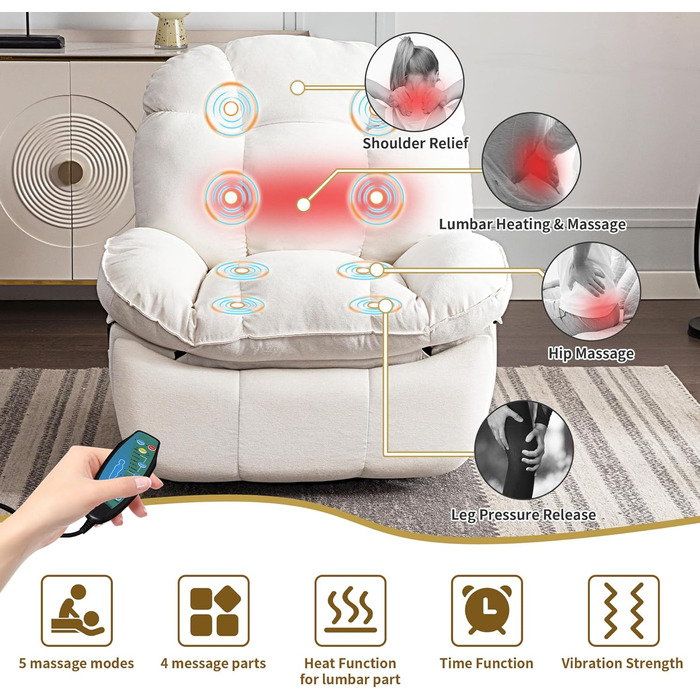 Електричне крісло-реклайнер, масажне крісло із зарядним портом та підігрівом, електрично регульоване крісло для телевізора для вітальні, спинка та підставка для ніг регулюються окремо (білий колір)