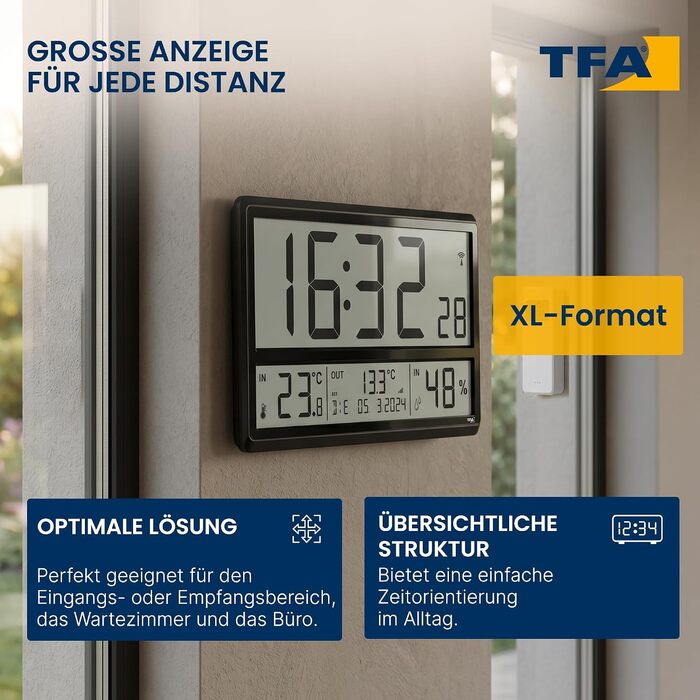 Цифровий настінний годинник TFA Dostmann Digitale XL (60.4523.01) з датчиком зовнішньої температури та клімат-контролем, радіосинхронізація, 24-годинний формат, повна дата, чорний, 360 x 235 x 28 (84) мм