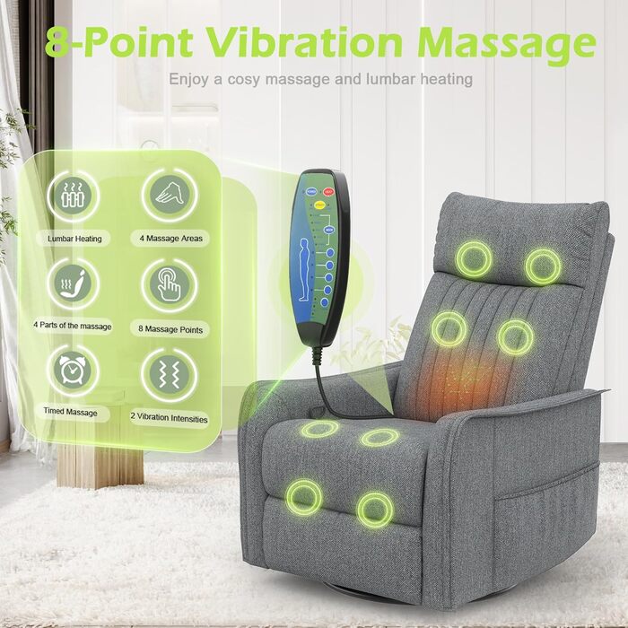 Крісло для телевізора/масажне крісло з функцією відкидання, крісло для релаксації з підігрівом та масажем, крісло для телевізора з поворотом на 360 для вітальні, крісло-гойдалка з м&39яким підголівником, 2 бічні кишені, сірий