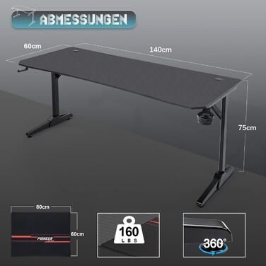 Стіл 140 см Ігровий стіл Геймерський комп'ютерний стіл Ергономічний стіл для ПК з Т-подібною формою для зберігання кабелів, підскл