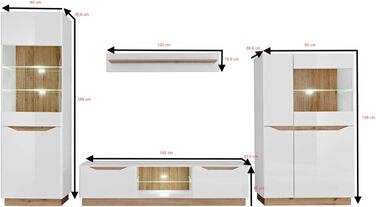 Настінна шафа для вітальні Generic Fame, настінна полиця для вітальні, стіна для телевізора, матова глянцева вітрина, низька тумба, настінна полиця зі світлодіодним підсвічуванням (білий/дуб Artisan) Білий / дуб Artisan