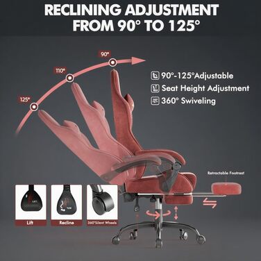 Ігрове крісло Huracan з підставкою для ніг, дихаюче ергономічне ігрове крісло з мікрофібри велюру, ігрове крісло, ігрове крісло з регульованим підголівником та масажною подушкою для попереку, підлокітники (червоні) плоска подушка сидіння, стиль 1 червоний