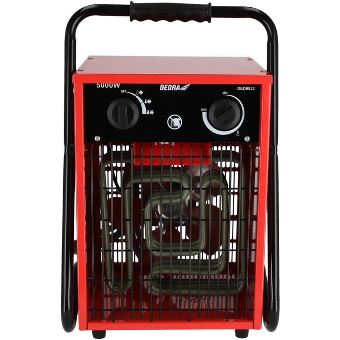 Електричний вентилятор-обігрівач DEDRA 5 кВт, 400 В, квадратний, червоний, для добре ізольованих приміщень, термостат, захист від перегріву, три режими роботи, контроль температури, металевий корпус, до 50 м Потужність 5000 Вт, площа обігріву 50 м