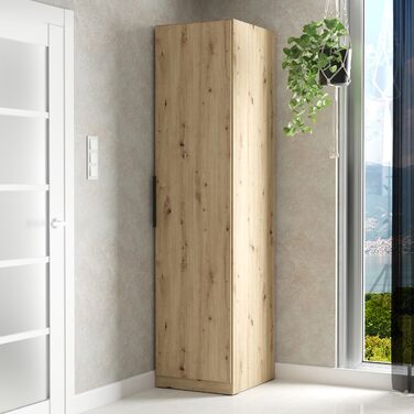 Багатофункціональна шафа Forte CADIXO 50, кутова шафа в скандинавському стилі, 1 дверцята, інженерна деревина, коридор/вітальня/спальня, декор з дуба ручної роботи, 51,2 см завширшки x 212,9 см заввишки x 58,9 см завглибшки