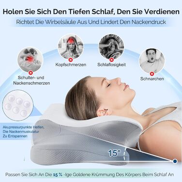 Подушка для шиї, подушка з піни з ефектом пам&39яті, ергономічна подушка, подушка для підтримки шиї для сну на боці, спині та животі, сіра, 64 x 39 x 13 см