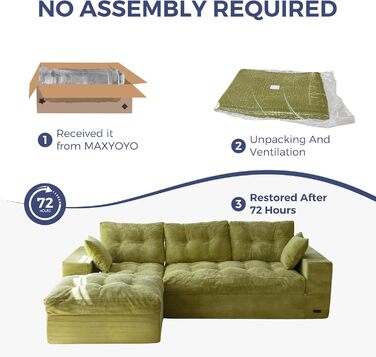 Диван MAXYOYO з функцією сну, кутовий диван L-подібної форми, вельветова тканина, 264x171 см, вельветовий диван, вітальня, розкладний диван з пуфом, універсальний, легко чиститься та підходить для домашніх тварин, не потребує складання (світло-зелений)