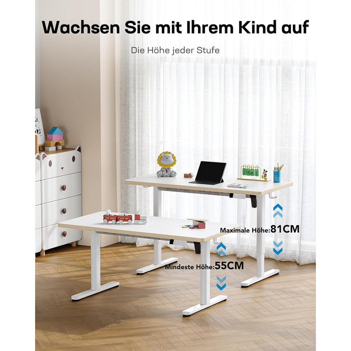 Дитячий електричний стіл HUANUO, регульований по висоті, 120 x 60 см, стіл з регульованою висотою, вся стільниця з 3 попередньо встановленими рівнями висоти, білий, 120 x 60 см